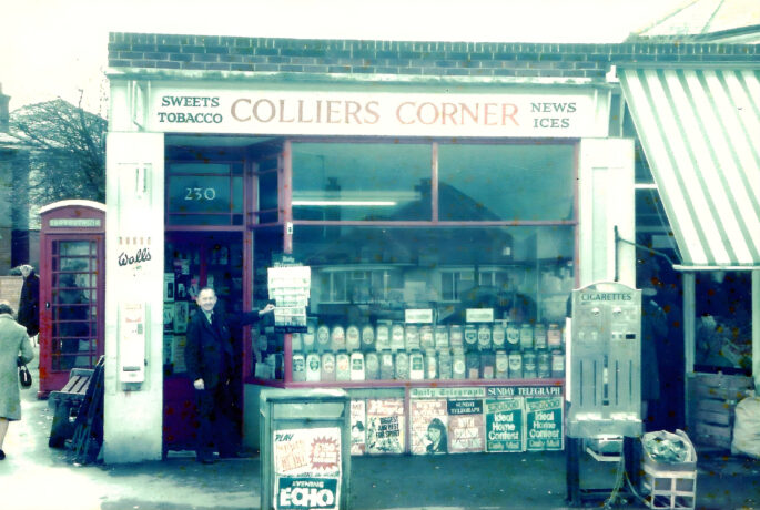 Lance Collier outside his newsagents' shop, Colliers Corner, in the late 1970s